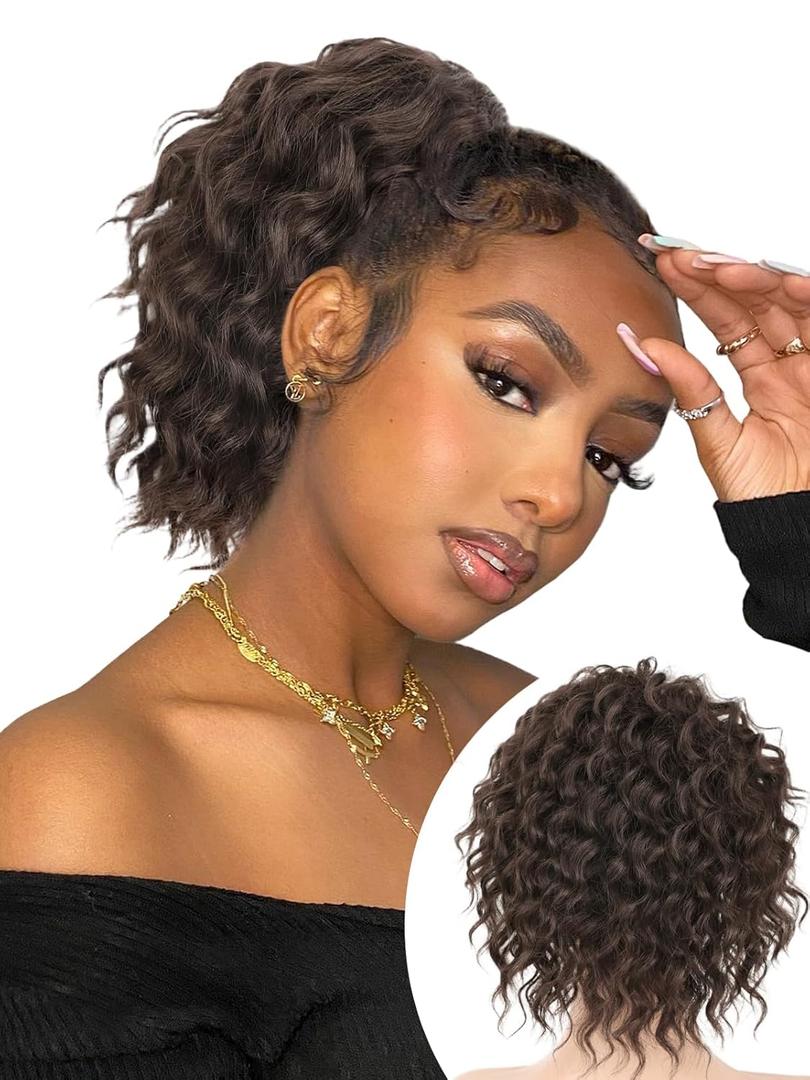 Isaic Ponytail Extension 8 Inch Short Wavy Curly Ponytails Drawstring Ponytail for Black Women Dark Brown Pony Tails Hair Extensions Synthetic Hairpiece for Daily Use