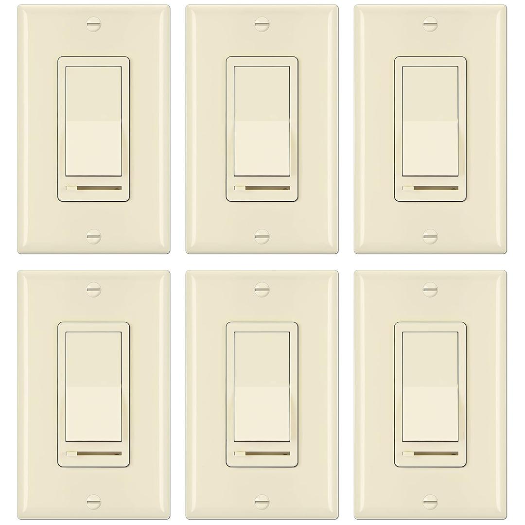 BESTTEN 6 Pack Dimmer Wall Light Switch, Compatible with Dimmable LED, CFL, Incandescent and Halogen Bulb, Single Pole or 3-Way Dimmer Switches, 120VAC, Decorator Wallplate Included, Almond