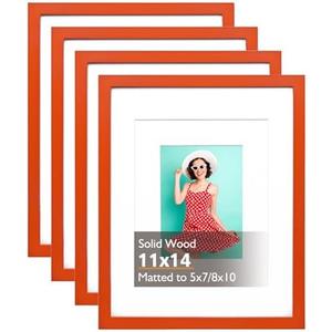 KINLINK 11x14 Picture Frame Orange, Solid Wood Frames with Acrylic Plexiglass for Pictures 5x7/8x10 with Mat or 11x14 without Mat, Tabletop and Wall Mounting Display, Set of 3