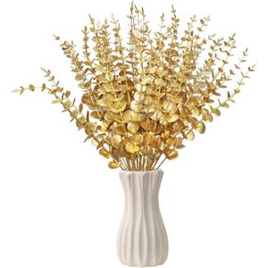 50 Pcs Gold Flowers Gold Eucalyptus Leaves Stems 15'' Faux Eucalyptus Leaves Decor Fake for Wedding Party Bouquet House Home Farmhouse Vase DIY Craft