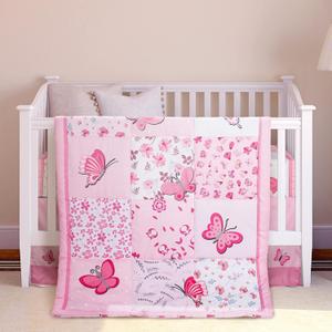 Tudomro 3 Pieces Butterfly Nursery Crib Bedding Set for Girls, Standard Size Bedding Sets with Comforter Fitted Sheet Crib Skirt(Pink)