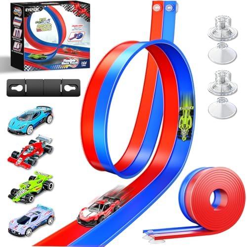 Double Lane Race Car Track with Suction Cups，Portable Flexible Roll Up Racetrack, Blue and Orange