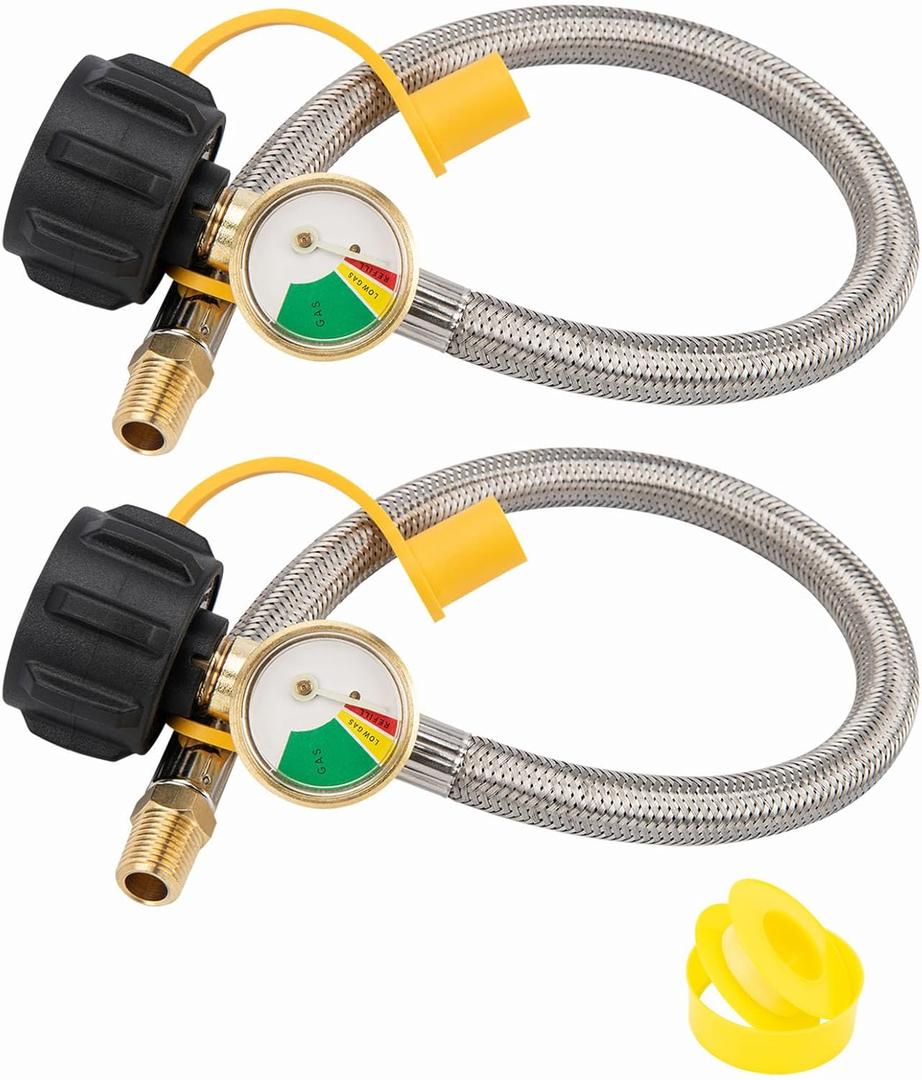 15 Inch Rv Propane Hoses with Gauge, Stainless Steel Braided Camper Propane Hose, Rv Gas Hose replacement for Standard 2-Stage Regulator 1/4Male Npt 40lb 250psi Qcc1 2 Pack