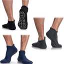 Muezna Men's Non-Slip Yoga Socks, Anti-Skid Pilates, Barre, Bikram Fitness Hospital Slipper Socks with Grips (12-14, Black+grey+blue -3 Pairs)