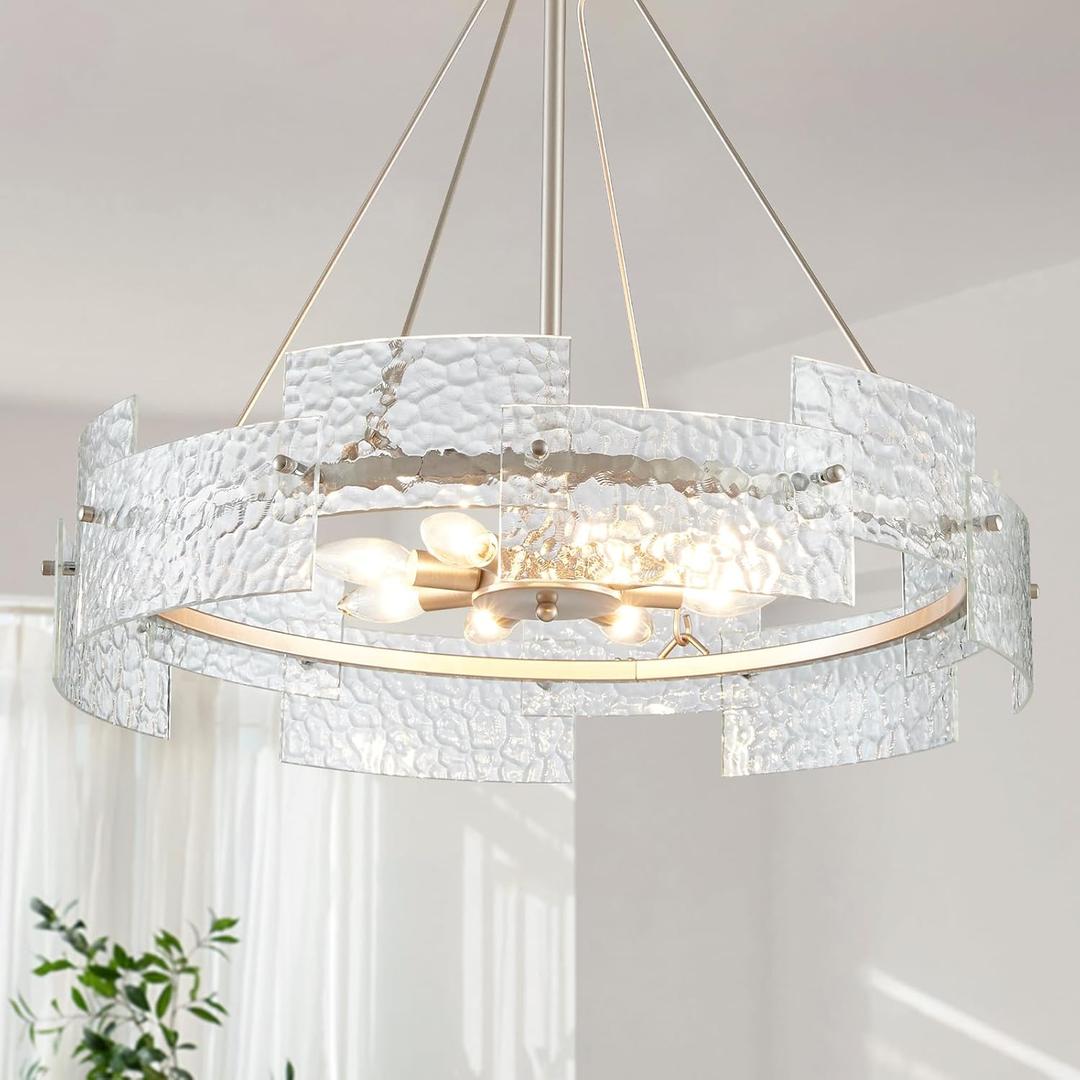 XINGQI Large 8-Light Modern Silver Glass Chandelier 26" Drum Light Fixture Round Water Ripple Pendant Lighting for Dining Room Living Room Kitchen Island Office