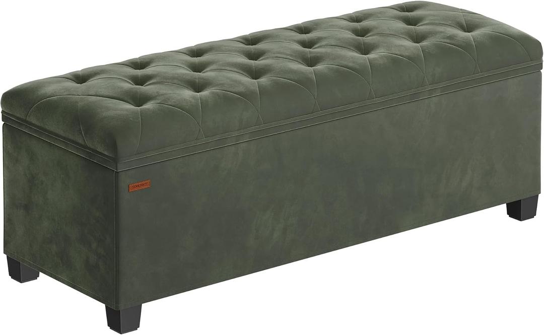 SONGMICS Velvet Storage Ottoman Bench, Foot Rest with Legs, 15.7 x 43 x 15.7 Inches, End of Bed Bench, Storage Chest, Load up to 660 lb, for Living Room, Bedroom, Entryway, Forest Green ULSF089C01