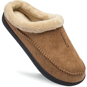 Ranberone Men's Moccasin Slippers Faux Leather Memory Foam House Shoes with Fleece Fuzzy Lined for Indoor Outdoor Size 13-14 Brown