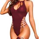 RSLOVE Sexy Lingerie Sets for Women Fishnet Bodystocking Exotic Sparkle Rhinestone Mesh Bodysuit with Thigh High Stockings (Wine Red)