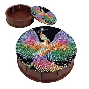 antor Phoenix Diamond Painting Storage Box, Round Wooden DIY 5D Crystal Diamond Art Desktop Ornament Organizer, Handmade Jewelry or Money Storage Box, Home Office Decor Crafts Gifts