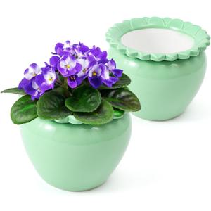 2pcs African Violet Planter Pot - 6.5inch Self Watering Green Ceramic Pot with Creamic Reservoir