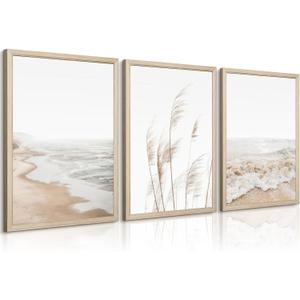 Beach Wall Art Boho Prints Coastal Canvas Wall Art Beach Pictures Pampas Grass Ocean Poster Plant Landscape Beach Scene Artwork for Living Room Bedroom Decor 16x24x3 Inch Wood Framed