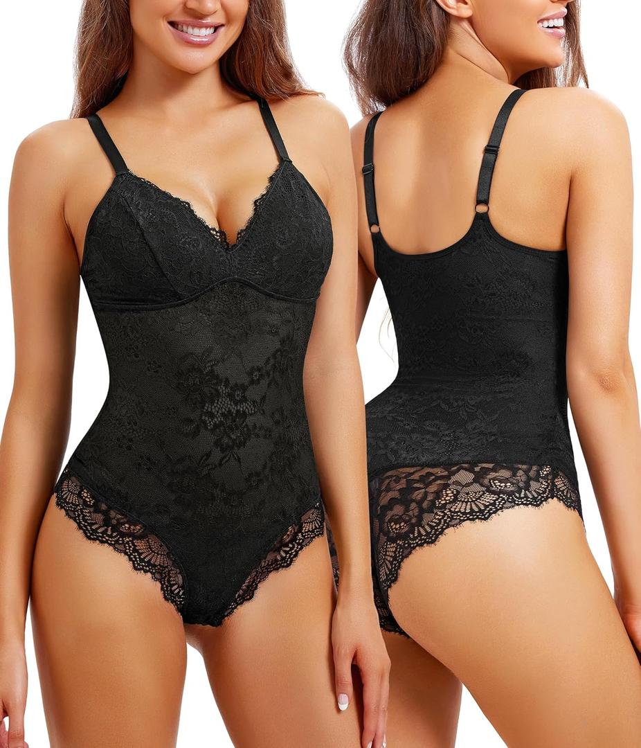 REYEOGO Lace Shapewear Bodysuit for Women Tummy Control Body Shaper V Neck Fajas Tank Tops Slimming Camisole Corset (Large, Black)