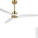 WINGBO 60 Inch DC Ceiling Fan without Lights, 3 Reversible Carved Solid Wood Blades, 6-Speed Noiseless DC Motor, Ceiling Fan No Light with Remote, Brass Finish with White Blades