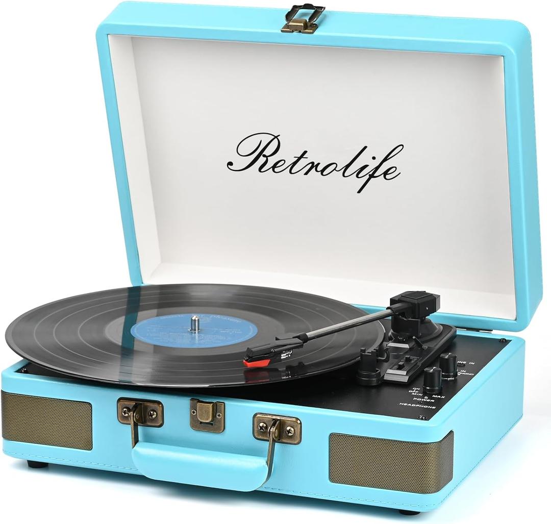 Record Player 3 Speed Bluetooth Portable Suitcase Vinyl Player with Built-in Speakers Turntable Enhanced Audio Sound PU Leather Vintage