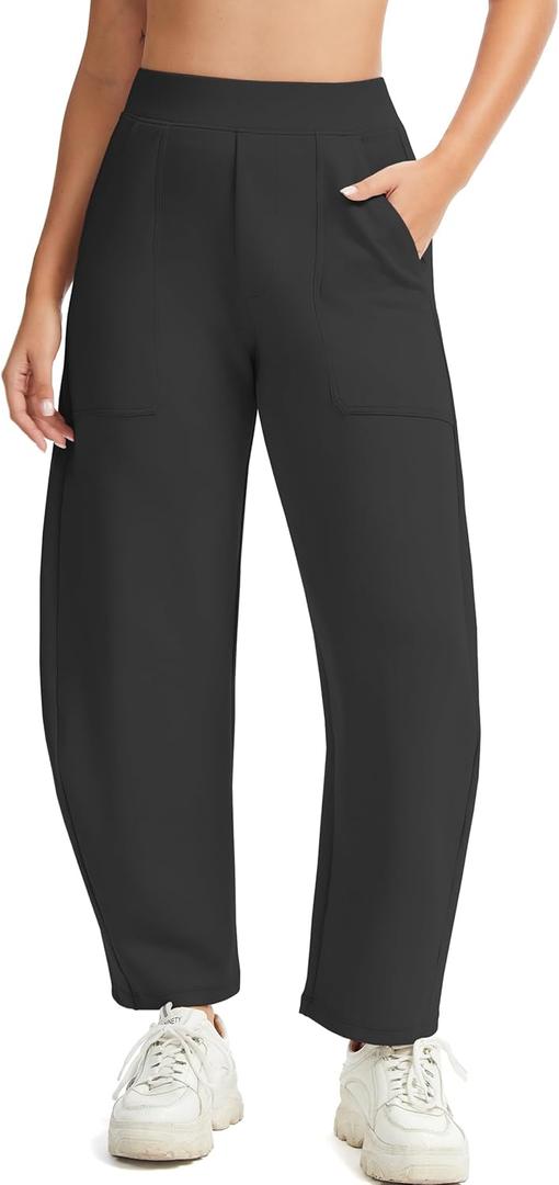 Womens Baggy Wide Leg Pants Barrel Leg Sweatpants Casual Elastic Waisted Stretch Travel Pants with Pockets (Large, Black)