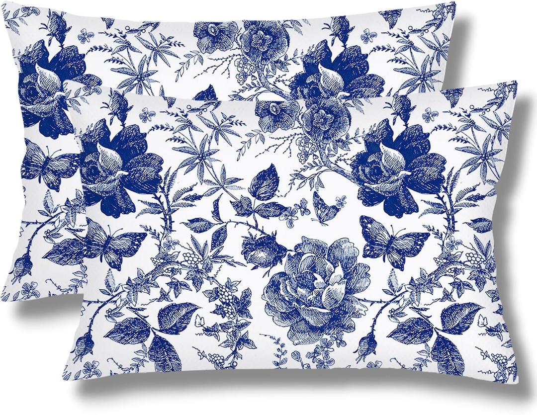 Blue and White Porcelain Floral Throw Pillow Cover Queen Size Set of 2 Vintage Chinoiserie Lumbar Pillow Case Farmhouse Standard Pillowcases with Zipper Decorative Cushion Covers for Bedroom,20"x30"