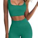 QINSEN Workout Sets for Women 2 Piece Seamless Ribbed Crop Tank High Waist Shorts Yoga Outfits (Medium, Emerald Green)