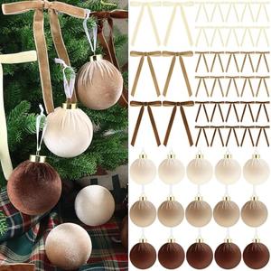 49 Pcs Christmas Velvet Ornaments 13Pcs Christmas Tree Decor Balls 3.14" 36 Pcs Velvet Vintage Ribbon Bows 5/8" Wide 6 * 8" for Xmas Tree Hanging Decorations Home Indoor Decor (Brown Color Mix)