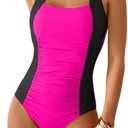 Aidonger Women's One Piece Tummy Control Swimsuit Ruched Slimming Bathing Suit Color Block Swimwear L