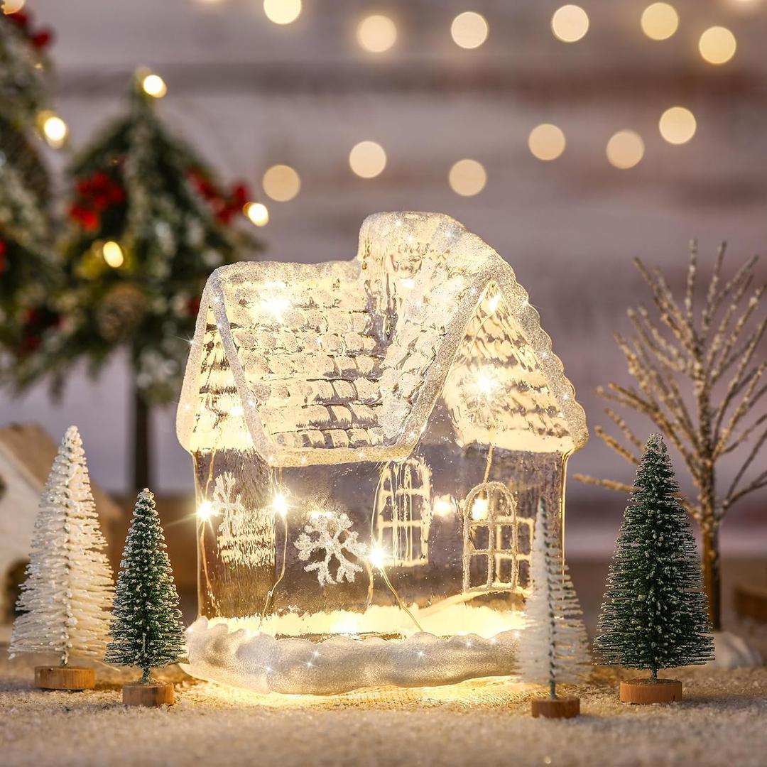 6 Pcs 6.3'' Lighted Christmas Village Set Large Glass Christmas Village Houses with 5 Xmas Trees Glitter Decorations Indoor Winter White Tabletop Decor for Xmas Holiday