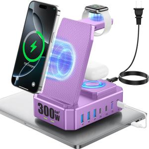 300W Charging Station for Multiple Devices Apple, Zutspzss 10 in 1 Wireless Charger for iPhone 16, GaN III USB C 65W PD Fast Charging Stand Dock for MacBook, Apple Watch&Airpods,Purple