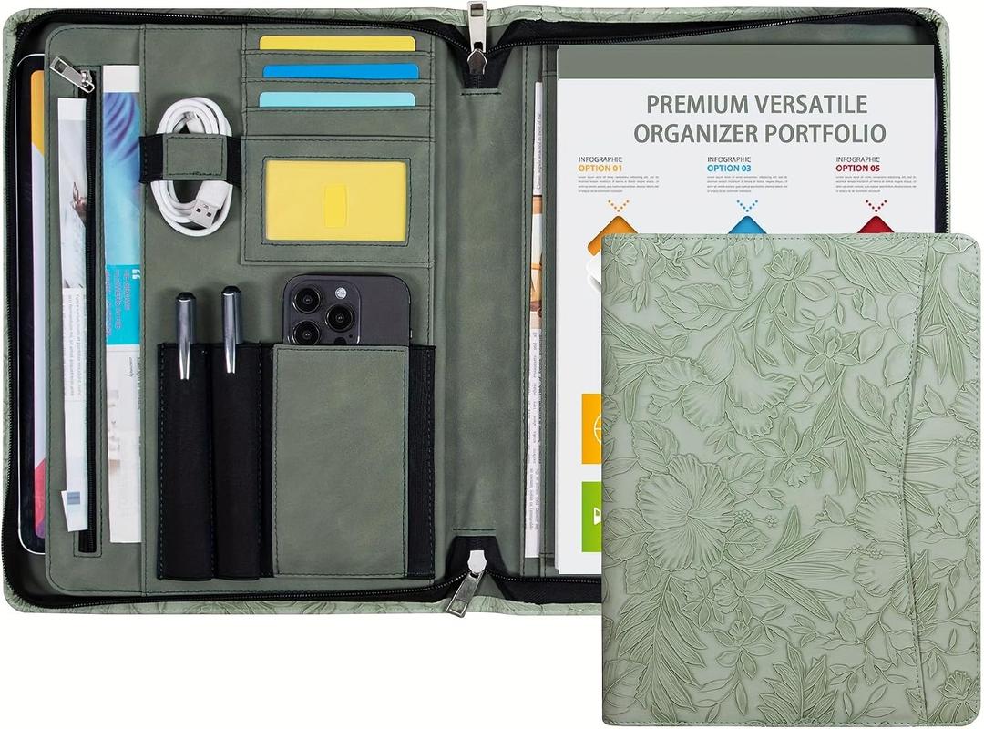 SUCCEWISHER Embossed Vegan Leather Portfolio for Women, Professional Organize Padfolio with A4 Notepad Holder, Professional Business Document Organizer for Women (Light Green)