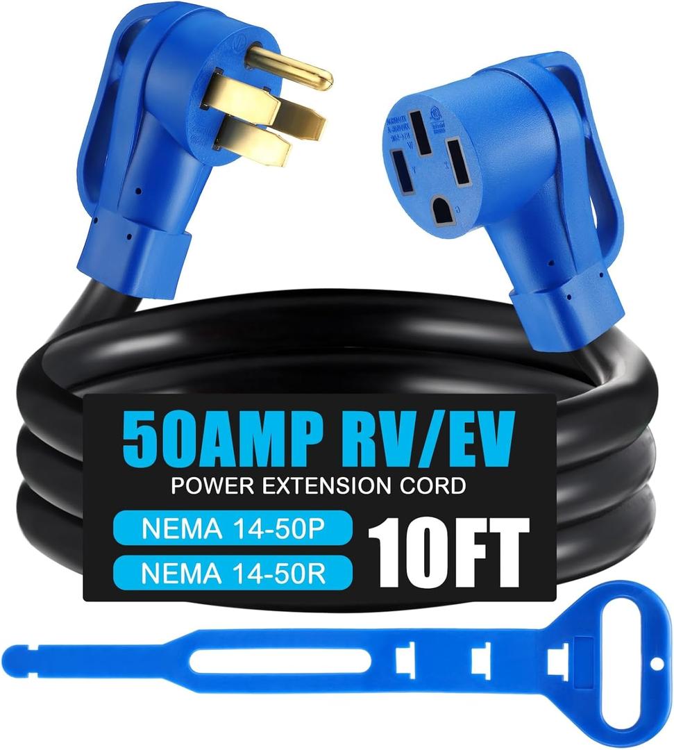 Kanayu 10ft 50 Amp RV/EV Extension Cord Compatible with NEMA 14-50P to 14-50R ETL List 4 Prong Flexible Heavy Duty STW Outdoor Waterproof Power Cord with Grip Handle for RV EV Camper