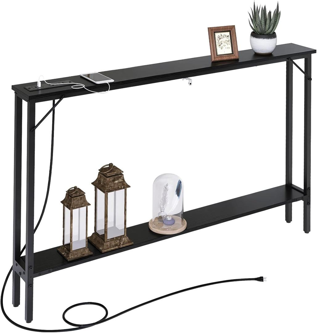 SAUCE ZHAN Sofa Table with Outlet and USB Port, 47" Console Behind Couch Table with Steel Frame, Narrow Entryway Table for Living Room, Foyer, Hallway, Entry, Black (Classic-USB A, Black)