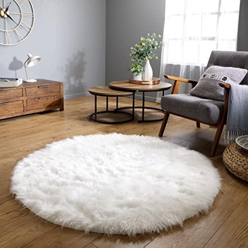Latepis White Round Rugs 4 Ft Faux Fur  Circle Rug for Living Room Fluffy Washable Rug for Bedroom Teen Room Dorm Cute Room Décor