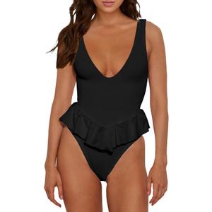 HYPERFIRE Women's Cheeky One Piece Swimsuit Deep V Neck Tummy Control High Cut Bathing Suit (Large, Black)