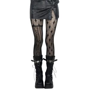 OYOANGLE Women's Gothic Striped Graphic Pattern Fishnet Tights Pantyhose Mesh Sheer Stockings (Black), One-Size 