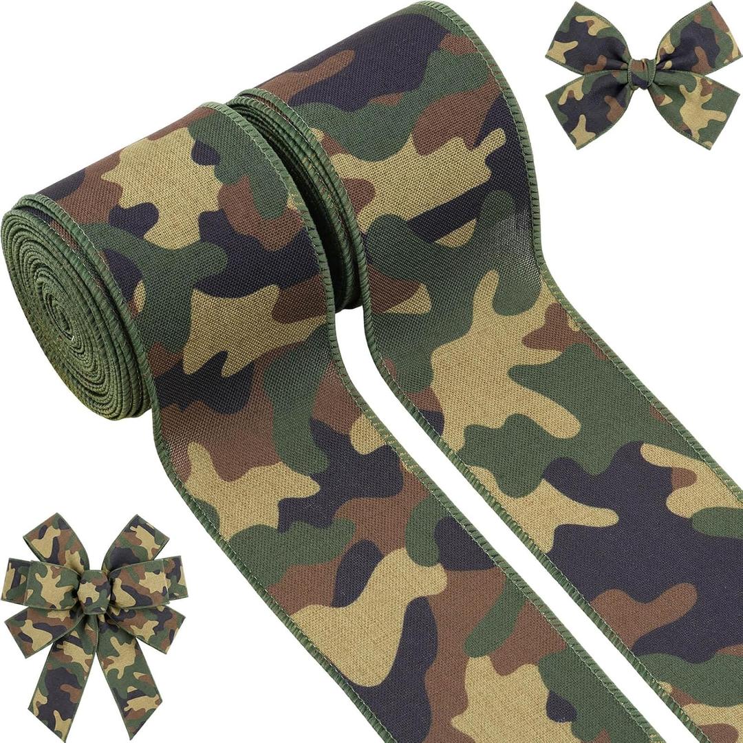 YKW Camo Wired Ribbon 2.5 Inch 20 Yards Camouflage Burlap Fabric for Wreaths, Homecoming Mums & Cheer Bows