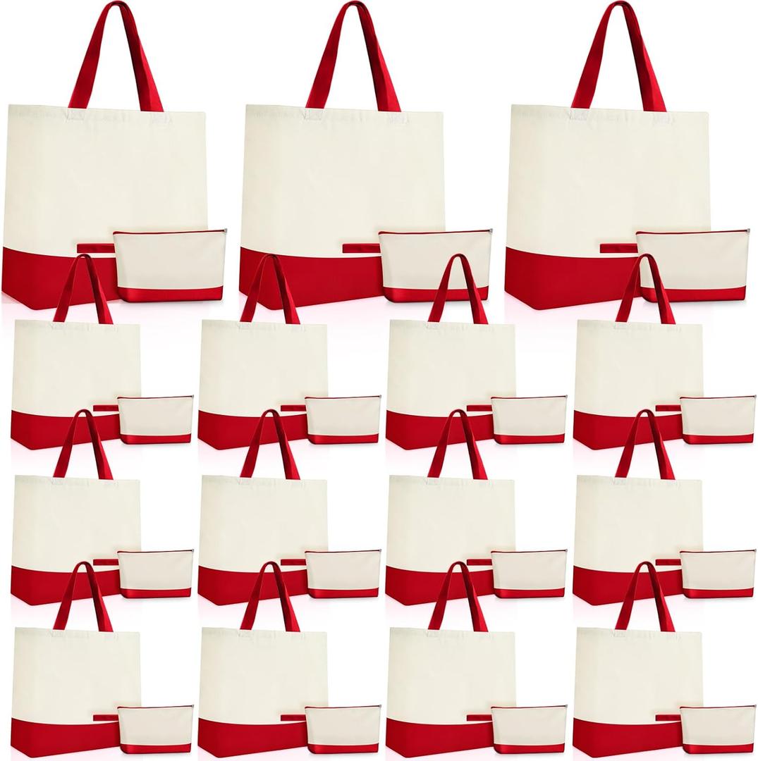 Sanwuta 30 Pcs Canvas Tote Bags Bulk with Zipper Cosmetic Pouch 18.5" Reusable Cotton Shopping Bag with Handle for DIY Craft (Red)