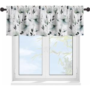 Grey Green Floral Valance Curtains for Windows Abstract Watercolor Botanical Modern Rod Pocket Decorative Window Valance for Kitchen Bathroom Bedroom Living Room Closet, 54x18 Inch