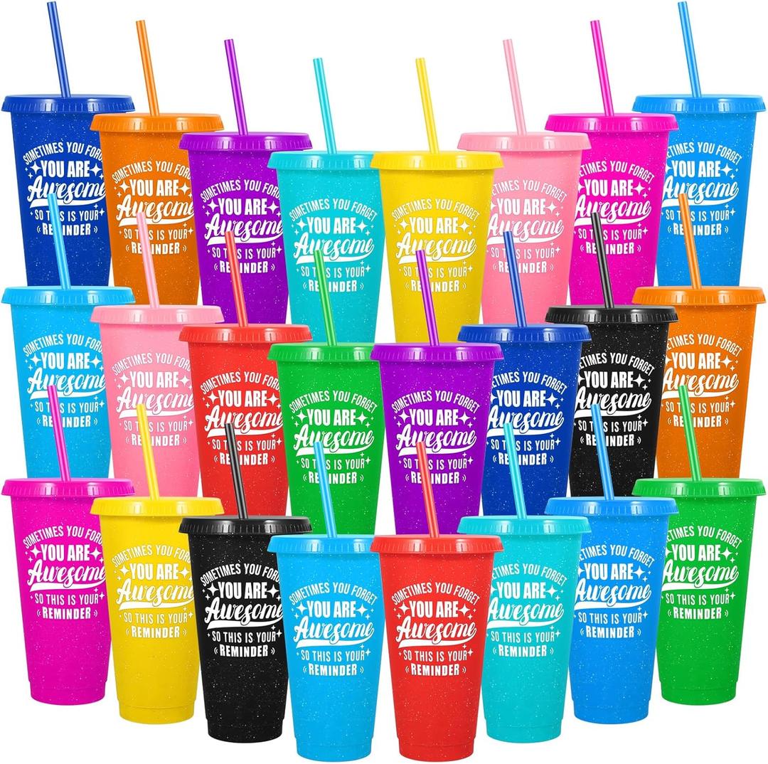 24 Pack Plastic Tumblers with Lids and Straws, Sometime You Forget You Are Awesome Gifts Reusable Cups with Lids Colorful Cups for Party, Iced Coffee Cup Bulk Tumbler (24 oz, Solid Colors Printed)