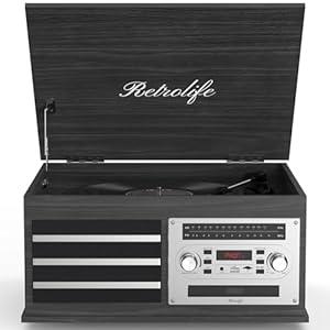 Vinyl Record Player 10-in-1 Music Center Turntable Built-in Speakers Support 3 Speed BT Wireless Input/ Output AM/ FM Radio CD Tape Cassette Player Aux RCA Auto Stop Vinyl Recording to USB/ TF Card Black