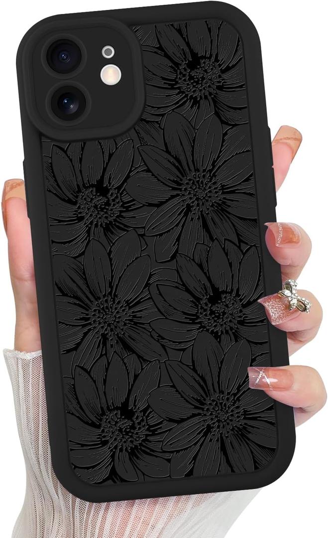 MZELQ for iPhone 12 Case, Silicone Sunflower Floral Flower Cute Pattern, Camera Protection Soft Slim Shockproof for Girls Women -Black