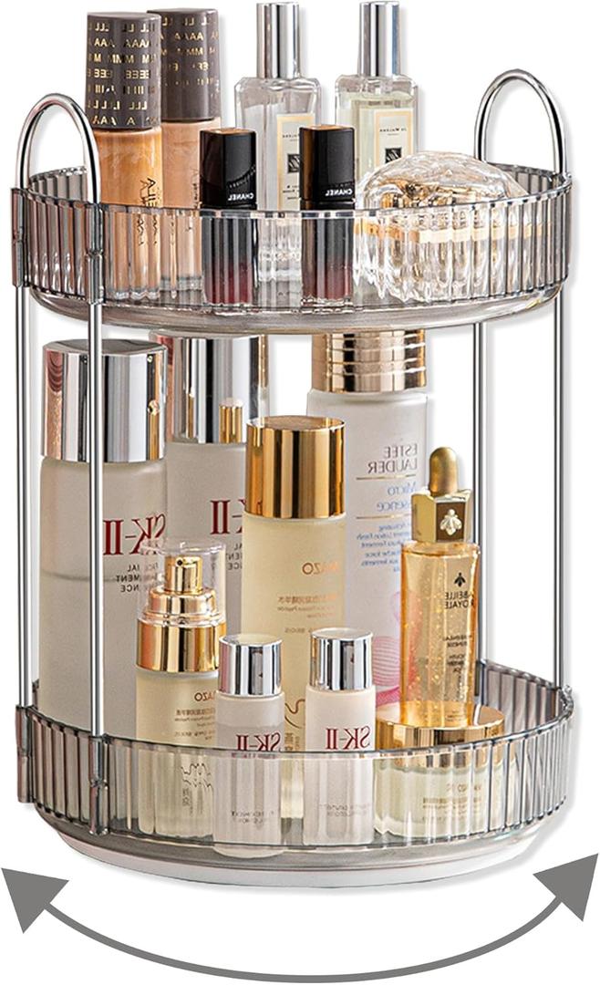 Asayuee 360 Rotating Makeup Organizer for Vanity,Bathroom Countertop Organizer,Spinning Perfume Organizer&Vanity Organizer(Grey-2 Tier)