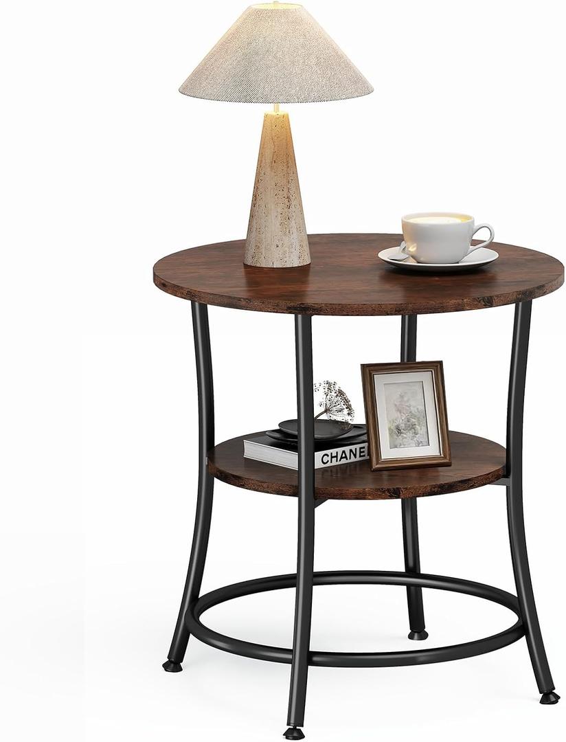 DUMOS End Table, 2-Tier Side Table with Storage Shelf, Round Nightstand for Living Room, Bedroom, Sturdy Metal Accent Stand for Small Spaces, Easy Assembly, Rust, 21.7"D x 21.7"W x 21.9"H