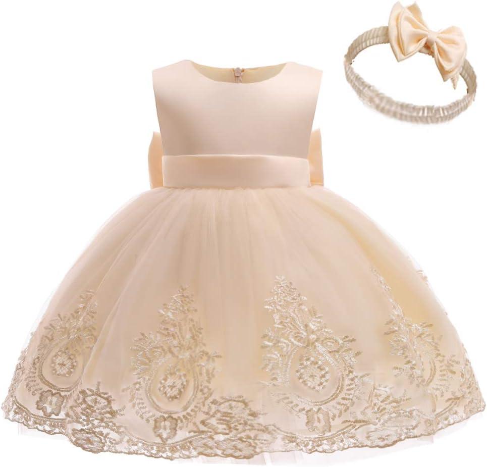 CMMCHAAH 0-6T Baby Girls Pageant Lace Embroidery Dresses Toddler Party Bowknot Tutu Gown Dress with Headwear (5-6 Years, Champagne)