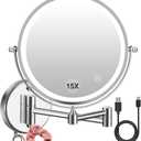 WallMounted LED Makeup Mirror 1/15 Magnifying  USB Rechargeable, 3Color TouchDim Light, 360 Swivel 8 Double Sided, 2000mAh Battery, Ideal for Hotel & Bathroom (Silver)