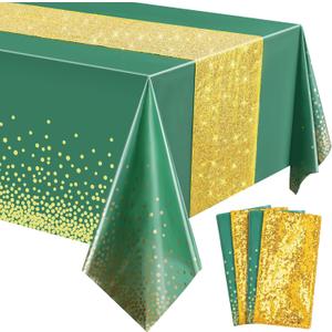 Tablecloth and Sequin Table Runner Set Polka Dots Confetti Table Cover Dining Plastic Table Cloths Glitter Decorations for Birthday Wedding Anniversary Party Supplies (Green, Gold,4 Pcs)