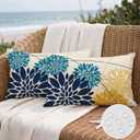 OTOSTAR Outdoor Dark Blue Cyan Yellow Pillow Covers 12x20 Inch Set of 2 Flower Throw Pillows Farmhouse Geometric Dahlia Floral Lumbar Cushion Case Waterproof Decor for Sofa Patio Funiture Garden