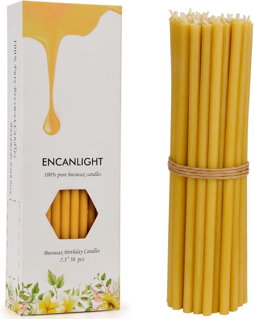 Natural Beeswax Meditation Candles 7 inch, Pure Bee Waxs Prayer Candle 50pcs - 40min Burn Time - Dripless and Smokeless for Prayer, Church, Hanukkah, Christmas, Birthday, Yoga (Yellow)