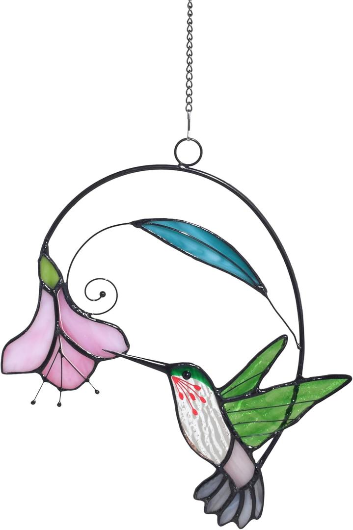 Lolitarcrafts Stained Glass Hummingbird Window Hangings with Flowers, Bird Stained Glass Suncatcher for Window Decor Hummingbird Gifts for Mom, Bird Lovers (Green with Flower A)