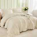 WONGS BEDDING Beige Textured Comforter Set King,3 Pieces Ruffle Farmhouse Shabby Chic Comforter for Queen Bed,Soft Seersucker Boho Bedding Set with 1 Ruffle Comforter,2 Tufted Pillowcases 104"90"
