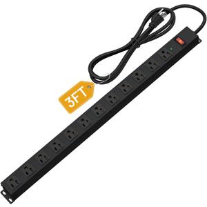 12 Outlet Long Power Strip Surge Protector with 2100 Joules, 3FT Power Cord, Wide Spaced Outlet Power Bar, Overload Protection Switch, Industrial Heavy Duty for Work Bench, Shop, Garage (Black)