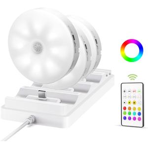 EZVALO Under Cabinet Lighting with Charging Station, 1000mAh Rechargeable Puck Lights with Remote, 3 Color Temps & 12 RGB Closet Lights, Dimmable Motion Sensor Lights for Shelf, Kitchen (3 Packs)