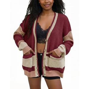 LKOUS Women's Sweater Cardigan with Pockets, Lightweight Casual Color Block Open Front Knit Cardigans Outerwear Red, Large