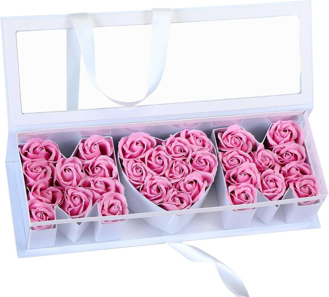 Thiccywoov 1 Pcs Mother's Day Flower Box with 30 Scented Flowers Mom Letter Shaped Fillable Boxes Floral Gift Packaging for Arrangement Mother's Day, Birthday Gift (White Box, Pink Flower)